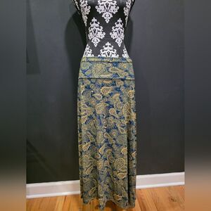LulaRoe Paisley Yellow Blue Foldover Waistband Sz XXS Boho Festival Earthy